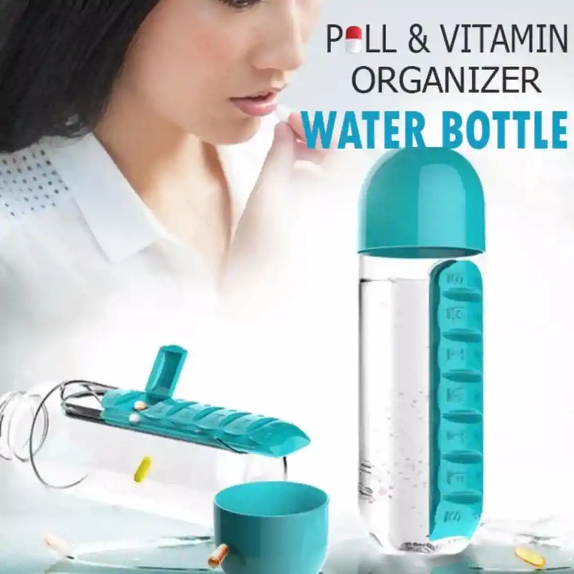 صورة  منظم حبوب الادوية مع زجاجة مياه