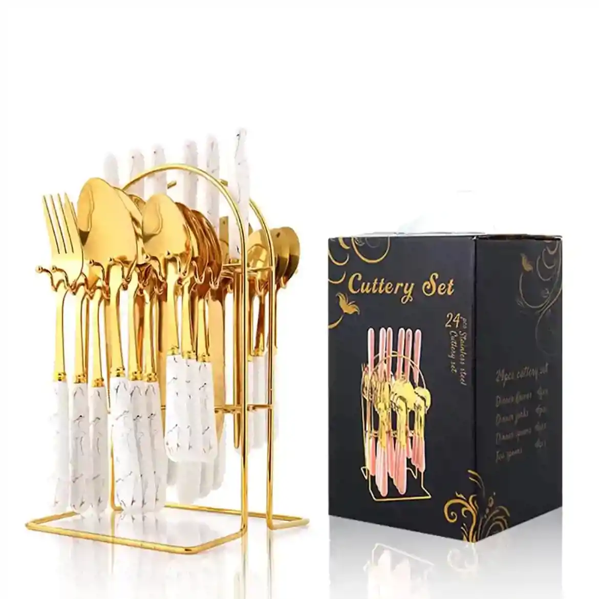 صورة طقم أدوات مائدة انيق يتميز بمقابض بيضاء رخامية (ملاعق شوكه سكين )